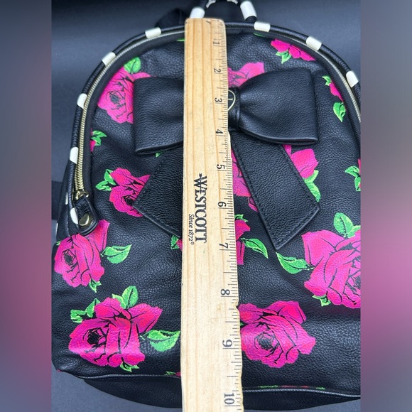 Betsy Johnson Polkadot Roses Leather Mini Backpack Black White Red - Picture 9 of 12